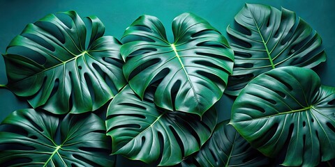 Dark green monstera leaves isolated on background