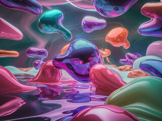 Surreal digital artwork with colorful, glossy, blob-like shapes floating in reflective, liquid-like environment. Vibrant, abstract scene.