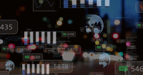 Image of social media icons and data processing against night city traffic