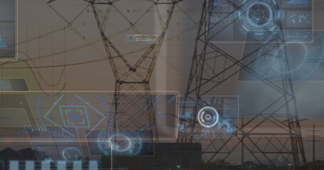 Image of round scanners and data processing over network towers against sunset sky