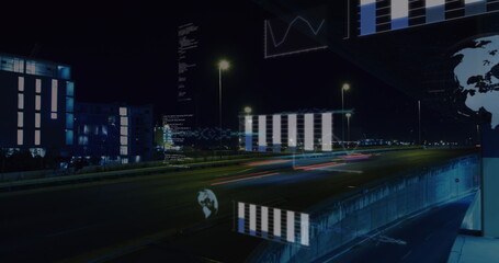 Image of statistical data processing against aerial view of city traffic at night