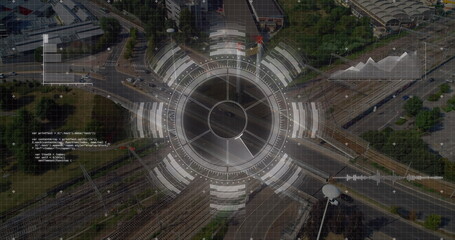 Image of round scanner and data processing against aerial view of city traffic