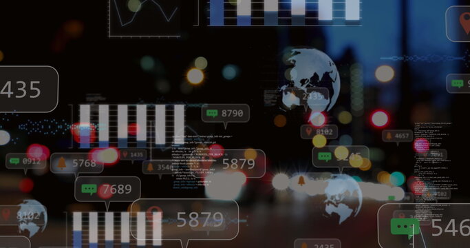 Image of social media icons and data processing against night city traffic