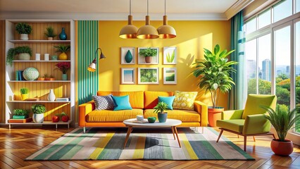 Energizing bright living room with dopamine decor