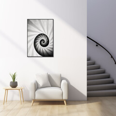 Black and white photo of a spiral staircase with a modern minimalist design