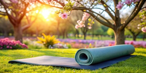 Serene image of yoga mat in city park setting with blooming flowers and green trees in background