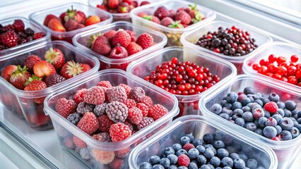 Assorted frozen berries in plastic containers inside an open deep freeze