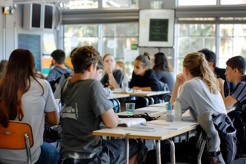 Bustling classroom abuzz with ideas.