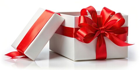 Open white present box with red ribbons and bow on white background