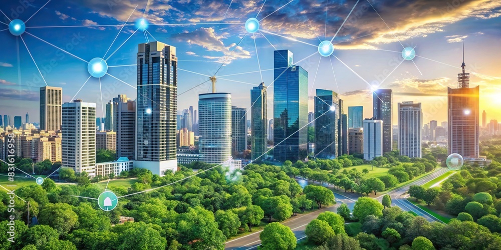 Wall mural smart city with eco-friendly tech solutions like iot connected public services and energy-efficient  - Wall murals