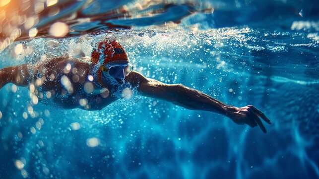Daily routine of professional athlete exercising swim in the pool underwater
