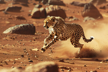 A cheetah is running through a desert with a lot of dust and rocks