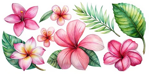 Set of hand drawn watercolor tropical flowers in shades of pink
