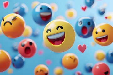 Floating emoji faces with different expressions on a light blue background, surrounded by pink heart icons