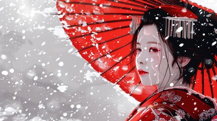 Minimalist portrait of a Geisha dressed in red amidst the snow