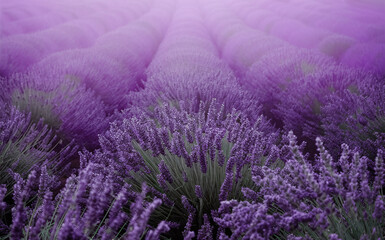 Fototapeta premium Vast lavender field in full bloom, rows of purple flowers stretching into the distance. Captures serene, calming beauty of lavender plants under soft, diffused light.