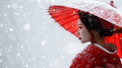 Minimalist portrait of a Geisha dressed in red amidst the snow
