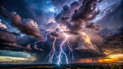 A dramatic stormy sky filled with dark clouds and flashes of lightning, creating an intense atmosphere