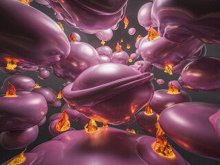Abstract, purple blobs, fiery orange, surreal, biological, chemical, floating, elements, vibrant, dynamic, artistic.