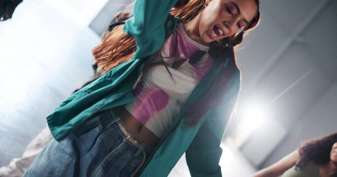 Group, dancers and woman in circle for hip hop routine, breakdance or performance with friend. Freedom, fun or celebration for talented people, freestyle or movement with motion to music for exercise