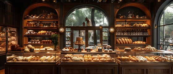 A bakery with freshly baked bread, croissants, and pastries displayed in glass cases. The bakery has a warm, inviting ambiance with rustic wooden shelves. HD realistic look captured by an HD camera