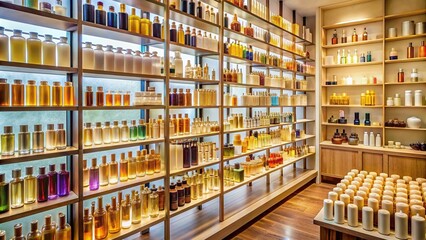 Shelves filled with various scents and body care products in a perfume store