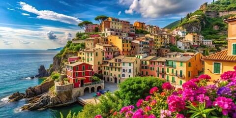 Beautiful coastal town in Italy with colorful terraced houses adorned with flowers overlooking the sea