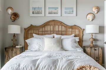 Coastal bedroom with a woven rattan headboard, a white linen duvet, and seashell-themed artwork on the walls.