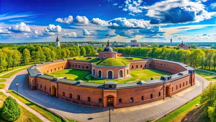 Description Panoramic view of Brest Hero Fortress Museum 5th Fort in Belarus with clear blue sky in the background