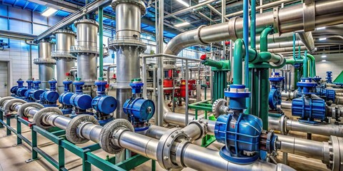 Top view of steel water piping structure with circulation pumps and valves in industrial building