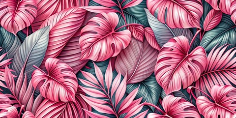 Pink plant leaves background with floral tropical pattern for wallpaper