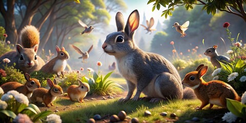 Stunning composition of squirrels, rabbits, and birds interacting in a beautifully rendered Unreal Engine 5 wildlife scene