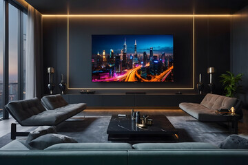 Smart TV in modern living room interior design with connected neon lights, 3D render style. Generative ai.