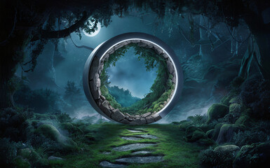 Mystical portal in forest at night, surrounded by lush greenery, illuminated by moonlight, leading to brighter forest.