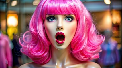 Pink wig on a mannequin with a wide open mouth and bright pink lips