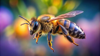 Stunning bee flying macro on background