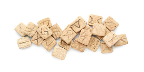 Pile of wooden runes isolated on white, top view