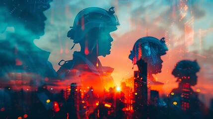 Silhouette of soldiers against a futuristic cityscape at sunset, showcasing heroism and advanced technology in a vibrant digital montage.