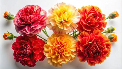 Set of vibrant red, yellow, and peach carnation flowers isolated on a white background. Top view