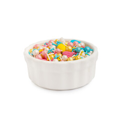 Bowl with colorful sprinkles on white background