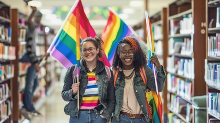 Obraz premium Two smiling individuals hold LGBTQ+ pride flags in a library, embracing diversity and celebrating inclusiveness.