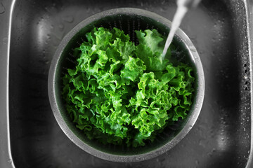 Pouring tap water into colander with lettuce in sink, top view