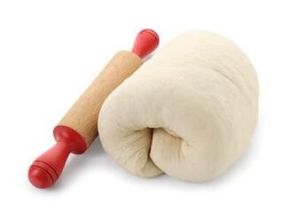 Raw dough and rolling pin isolated on white