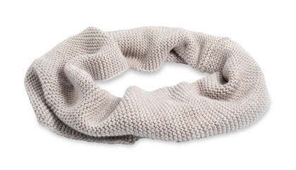 One beige knitted scarf on white background