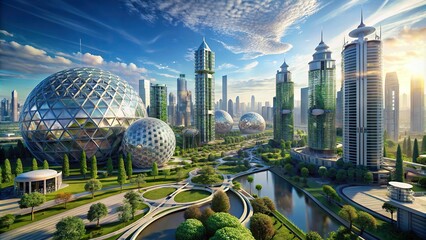 Futuristic urban center with Dyson sphere energy collectors
