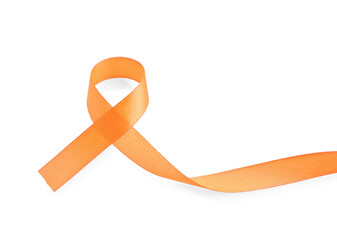 Orange awareness ribbon isolated on white, top view
