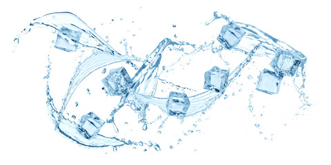 Ice cubes and splashing water in air on white background