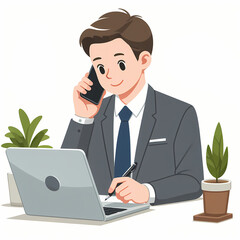 A businessman working on his laptop and talking on his cellphone, clipart graphic illustration