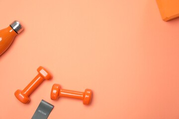Dumbbells and thermo bottle on coral background, flat lay. Space for text