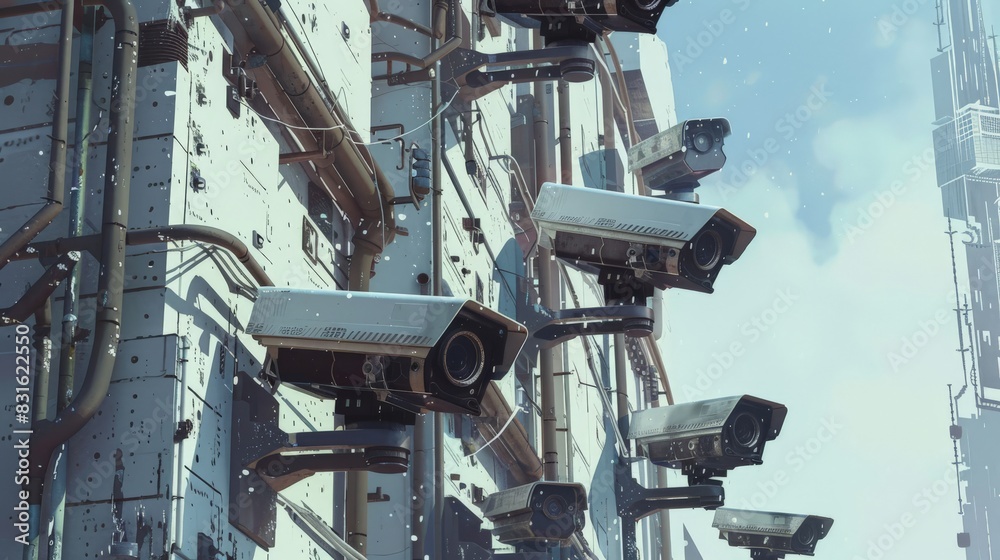 Poster multiple surveillance cameras on the side of a building. represents security, monitoring, and modern